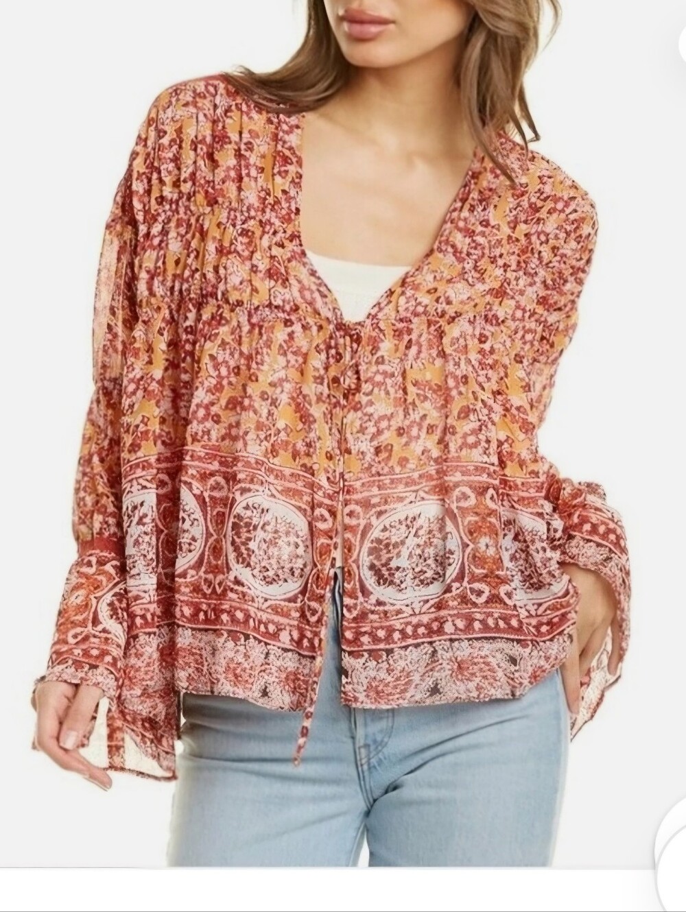 Free People Lorienne Rust and Pink Floral Border Peasant Blouse Boho Small